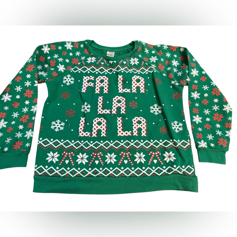 Festive Green Holiday Christmas Sweater with Fa La La La‎ La Graphic Sz M